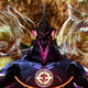 A purple and blue robot is standing against an exploding backdrop, two outlined faces hovering above its shoulders.